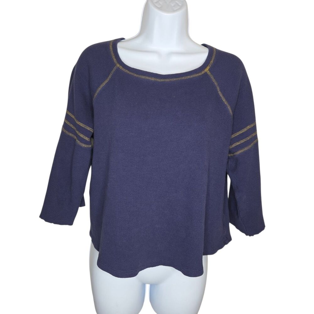 EMELIA Slate Blue Waffle Knit Cropped Top with Contrast Stitching - Size L